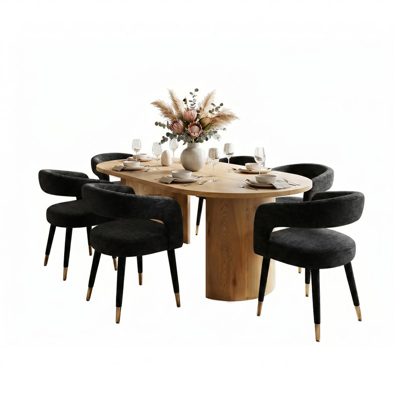 Modern 79" Oval Dining Table Set With 6 Upholstered Dining Arm Chairs, Black