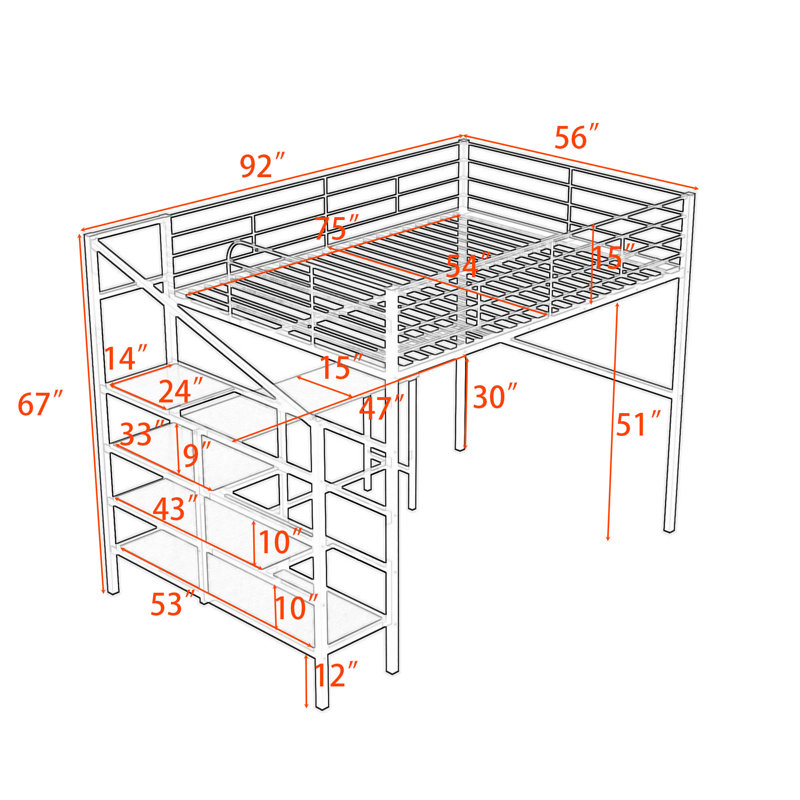 Full Metal Loft Bed With Built-In-Desk And Shelves And Stairs, White
