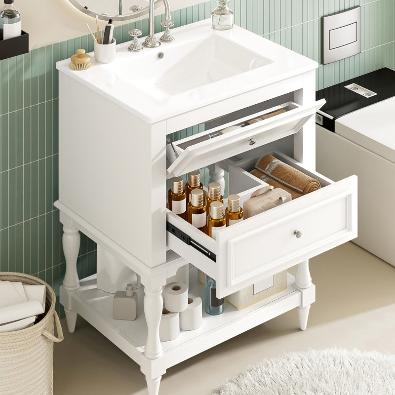 Meuble-lavabo de 24 po avec lavabo en céramique, rangement rétro à 2 tiroirs, tablette ouverte, tablette et tiroirs à finition ultrabrillante