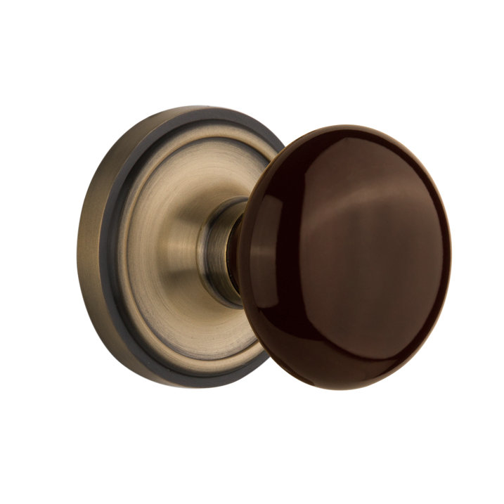 Classic Rosette with Brown Porcelain Door Knob, Antique Brass