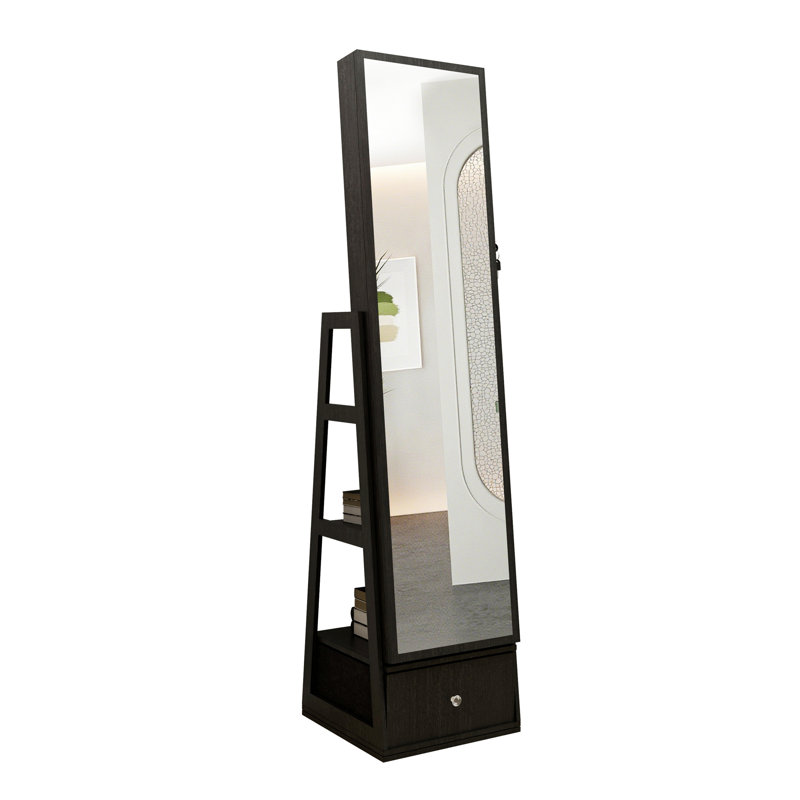 Full Length Mirror With Lockable Storage Cabinet, Interior Lighted Design And Storage Drawers, Black