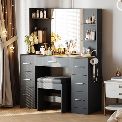 Meuble-lavabo noir avec miroir et lumières DEL à 7 tiroirs avec prise de courant USB et séchoir à cheveux