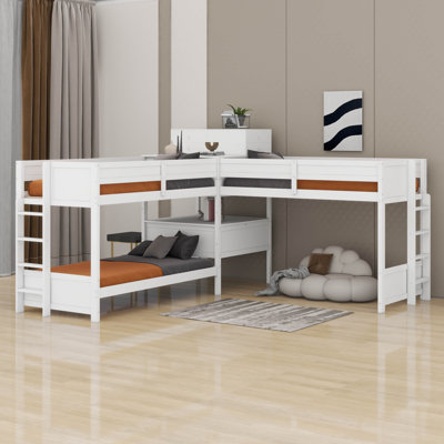 L-Shaped Triple Bunk Bed With Drawers & USB Ports & Power Outlet, Wood Bunk Bed With Desk, Ladders & Guardrails