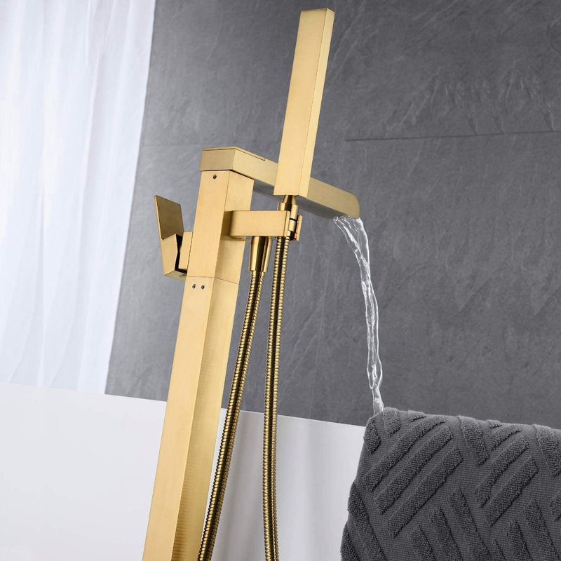 Stylish Brushed Gold Tub Filler - Floor Mount With Waterfall Spout And Convenient Hand Shower Bathroom Faucet User- Handheld For Comfort
