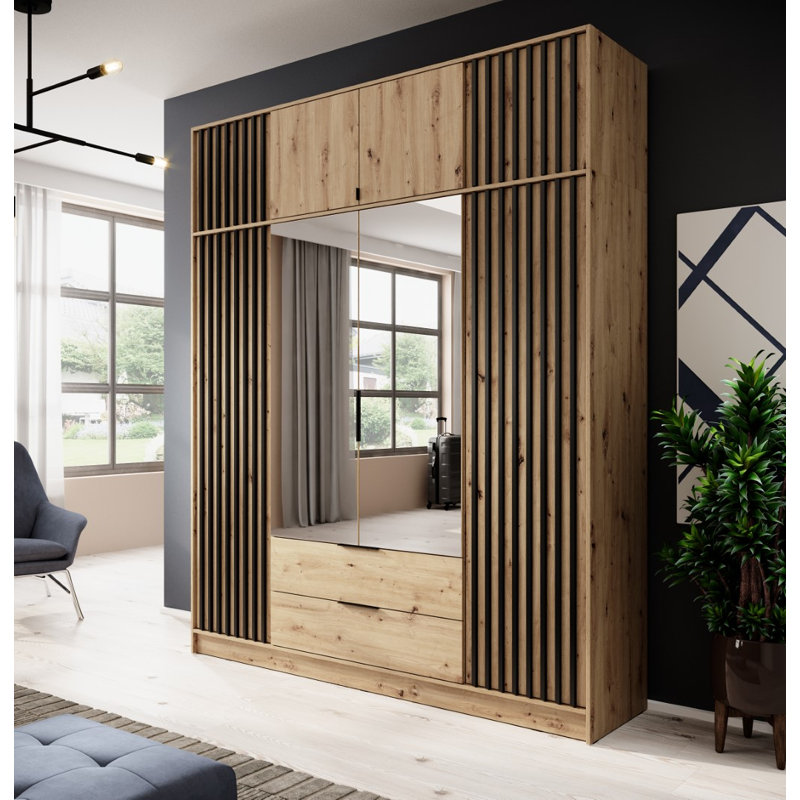 Hamidah 3 Door Wardrobe, Oak/Black, 50cm H x 205cm W x 51cm D