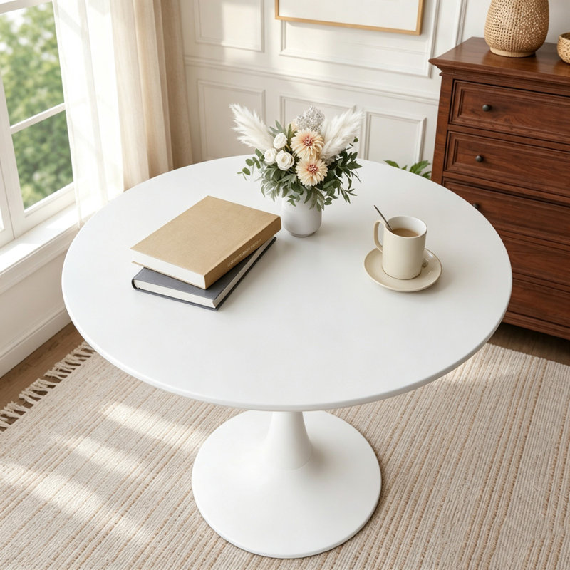Table de salle à manger ronde avec base à piédestal, White
