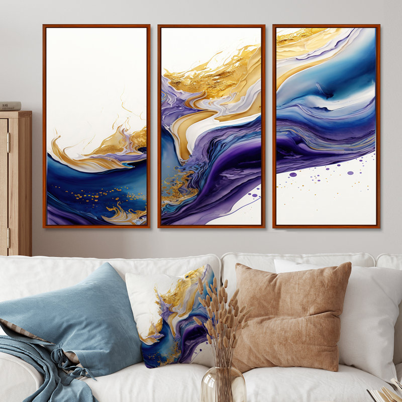 «Diellza Blue, Gold and Purple Splash V», reproduction sur toile 3 pièces, H 28 po x l 36 po, Cadre flottant doré