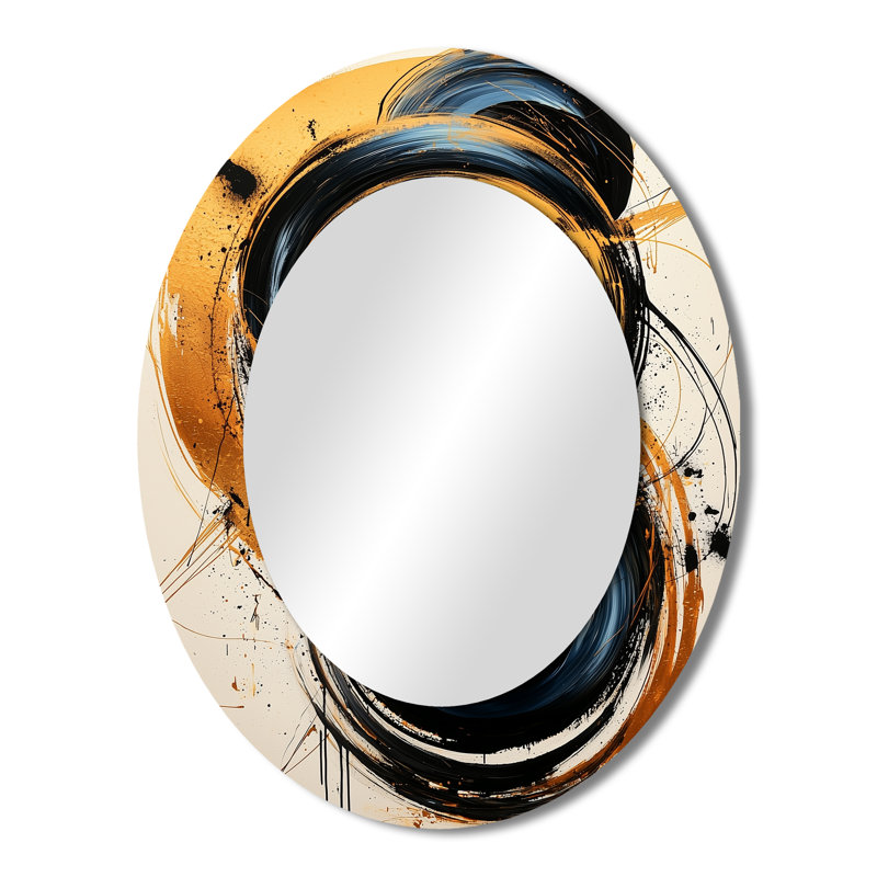 Abstract Circle In Blue And Gold Tones I - Black Modern Oval Wall Mirror, 43" x 33"