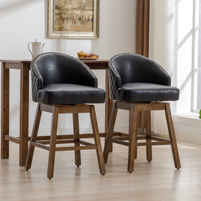 United We Win Rotating Bar Chair, Counter Height Bar Chair With Backrest, Leather Rotating Kitchen Stool With Wooden Legs And Footrest, Soft Cushion Bar, Kitchen Island