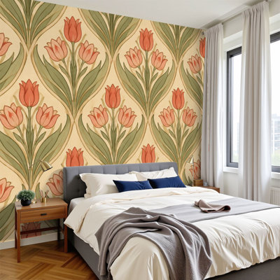 Papier peint à peler et coller avec tulipes roses rétro et feuilles vertes, style Art nouveau, papier peint mural H 100 po x l 144 po, papier peint auto-adhésif pour chambre à coucher, bureau à domicile