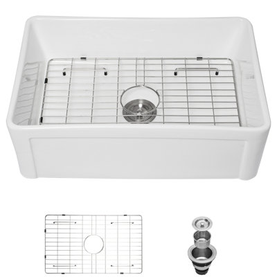 Évier en céramique blanche 30 po - Tablier frontal pour cuve simple réversible de cuisine et design élégant de qualité élégante