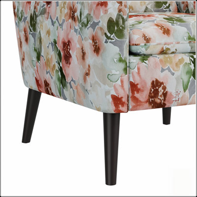 Fauteuil d'appoint compact orange pastel à motif floral, pieds en bois massif pour petits espaces