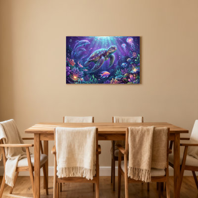 Colorful Sea Turtle And Dolphins Underwater Scene Canvas Wrapped Wall Art Oil Painting Print Set Of 1