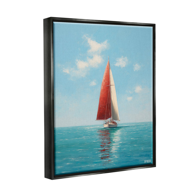 «Red Sailboat on Sea» par RB Floater, reproduction d'art sur toile, Cadre flottant noir de jais, H 20 po x l 16 po