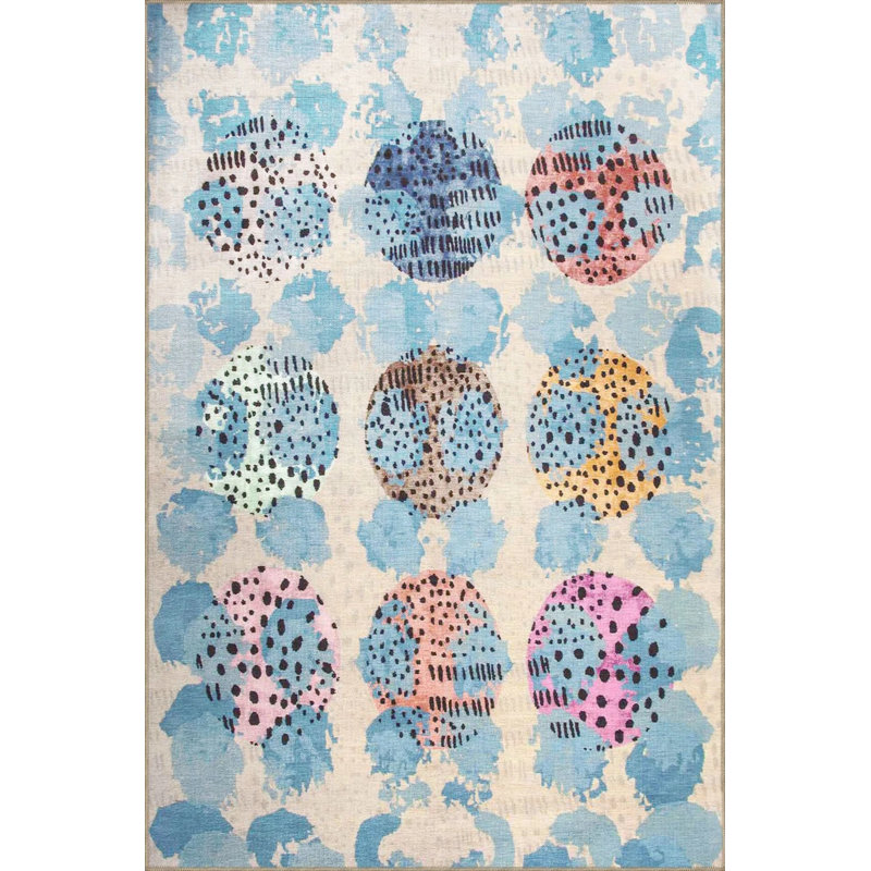 Blue Themed Abstract Dot Patterned Creative Modern Decorative Carpet, Round 5'