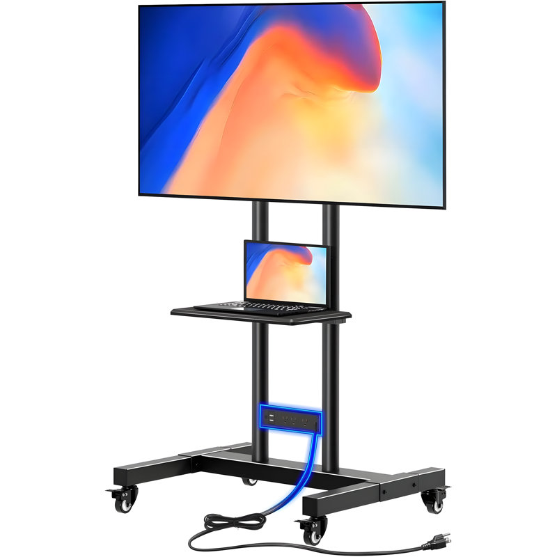 Height Adjustable TV Stand With Power Outlet, Mobile Rolling Cart For 32-85 Inch Flat/Curved Screens, Supports Up To 132Lbs, VESA 600X400mm, Includes AV Shelf And Cable Management
