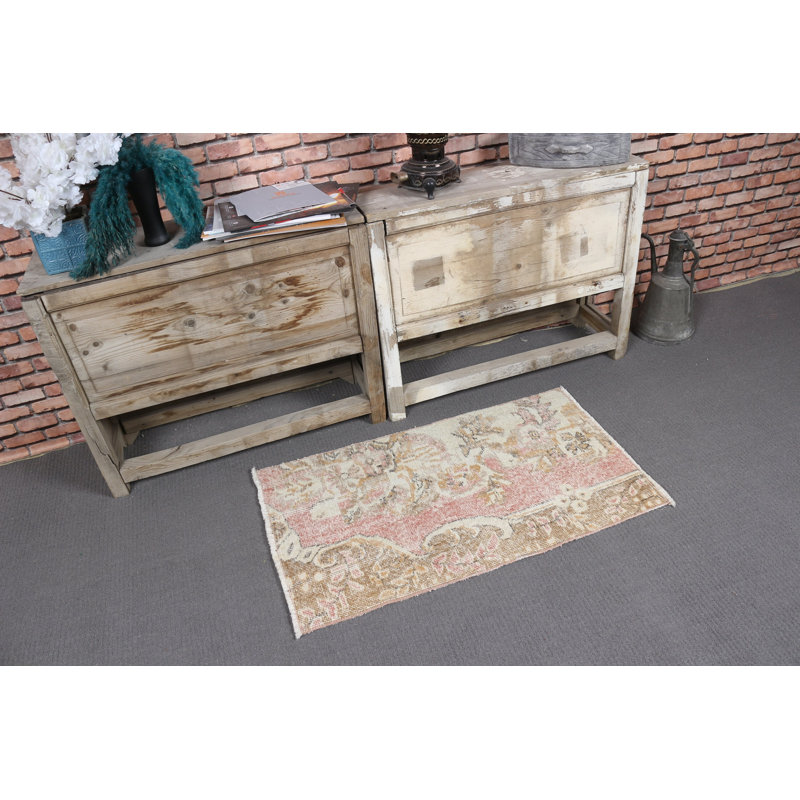 Tapis vintage rétro Oushak turc rose et beige tissé à la main pour un décor de style campagne