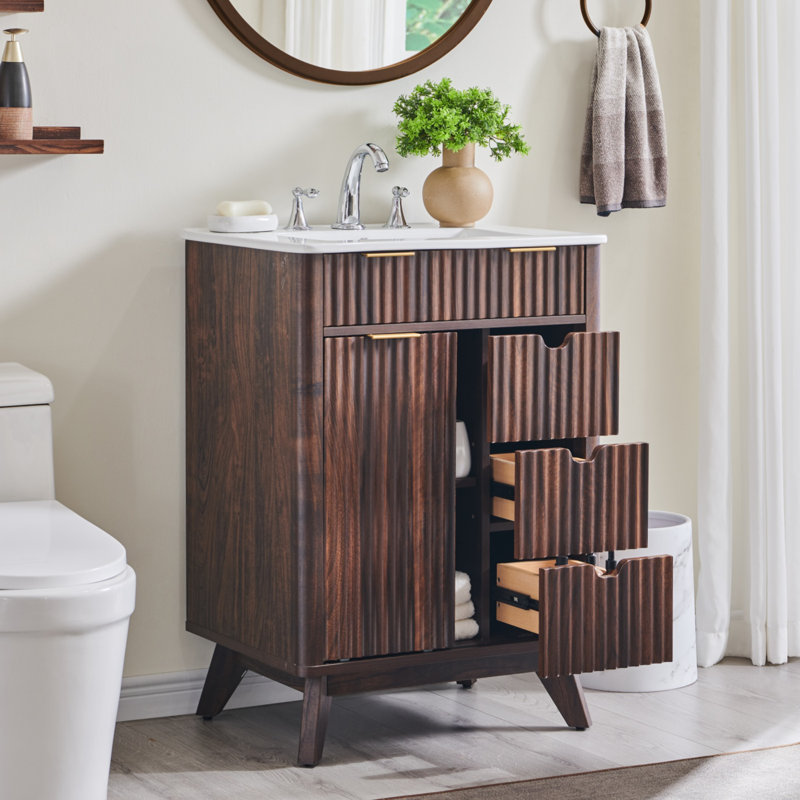 24" Single Bathroom Vanity With Ceramic Sink Top, Soft-close Doors, Walnut