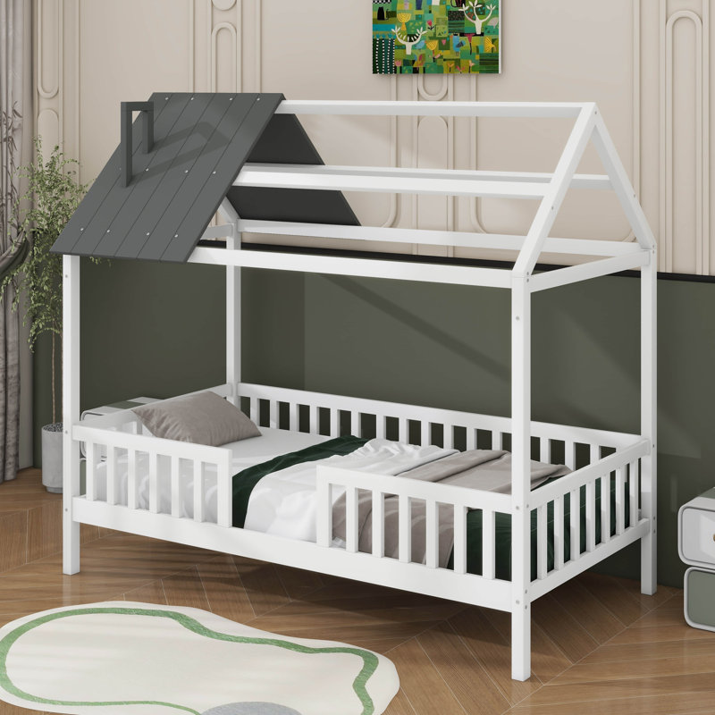 Lit simple en bois avec clôture, Blanc / Gris