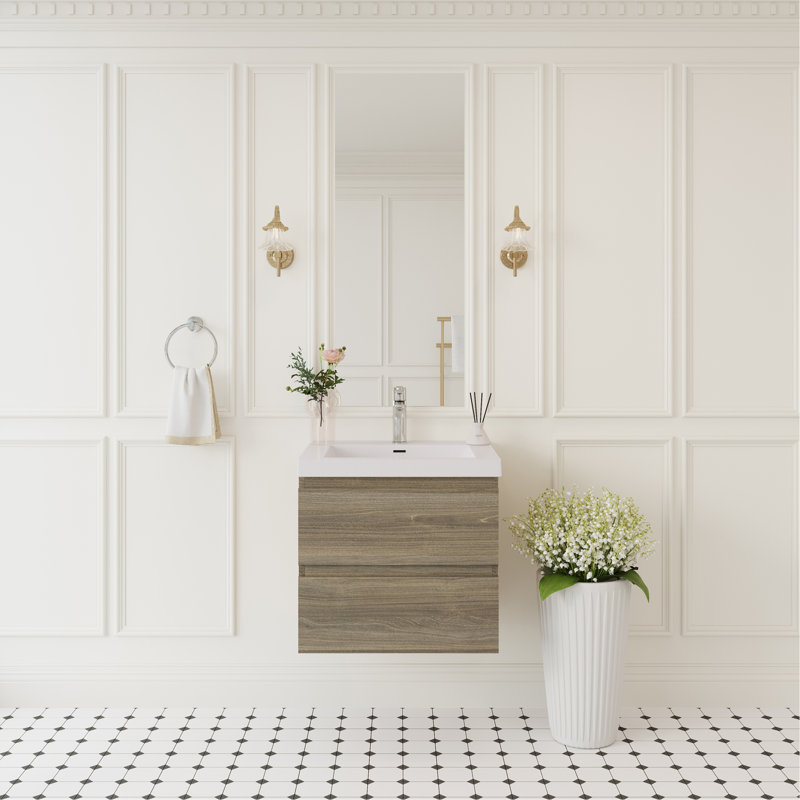 Meuble-lavabo flottant avec lavabo, meuble de rangement mural avec lavabo à surface solide et tiroirs à fermeture en douceur entièrement assemblés