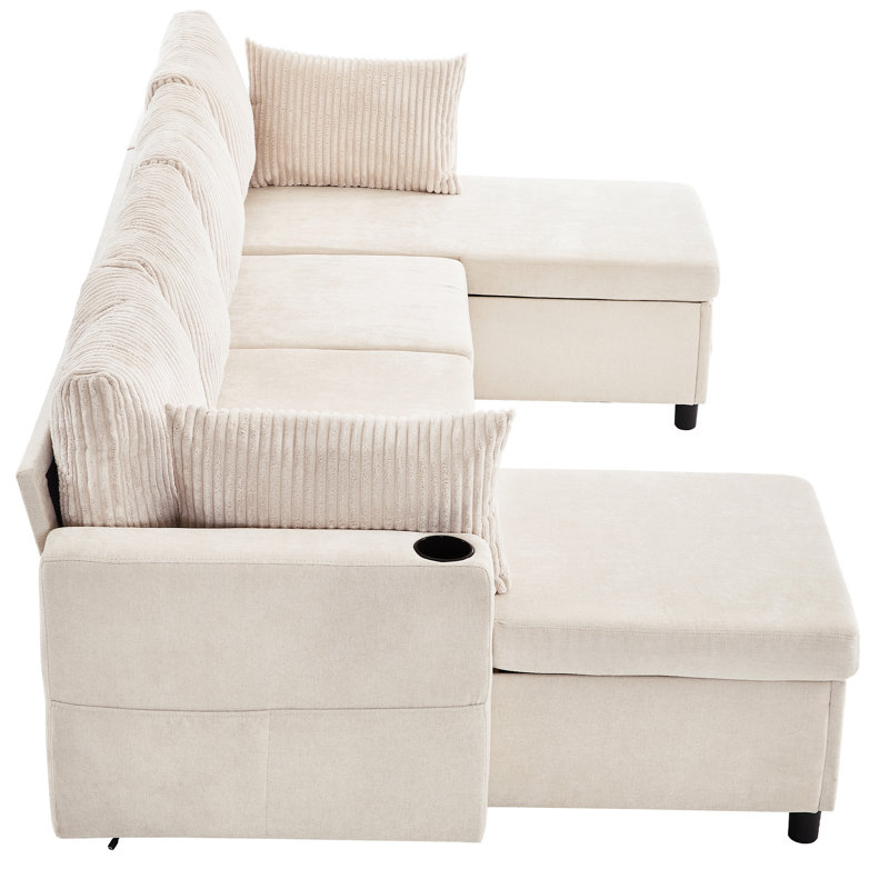 111.8" Sectional Sofa Pull-Out Sofa Bed Versatile Sofa Sleeper With Large Storage Space, Beige Chenille