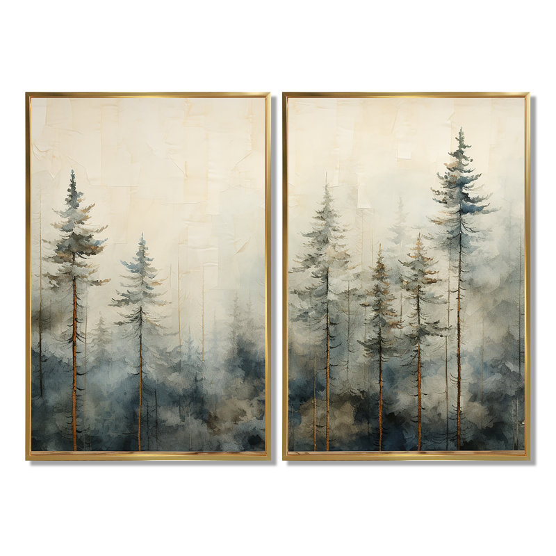 Minimalisme, forêt de pins d'hiver - grande forêt, art mural 2 panneaux, H 36 po x l 48 po, Impression encadrée flottante