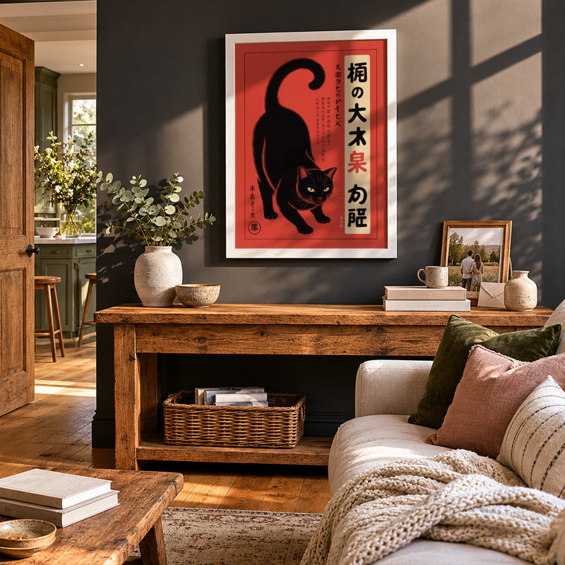 Japanese Cat Poster Japandi - Framed Print, A4 - 29.7 x 21.0 cm, White