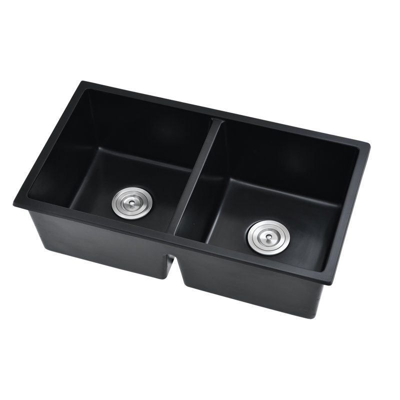 32 In L X 18 In W Double Bowl Undermount Kitchen Sink With Basket Strainer