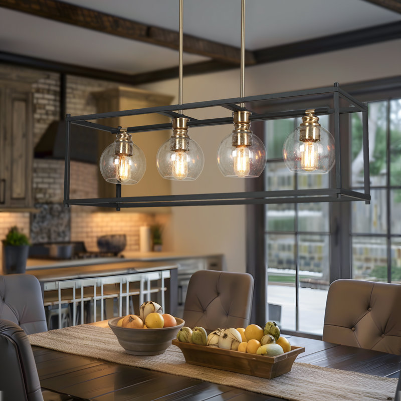 Mariello 4-Light Matte Black Farmhouse Kitchen Island Linear Pendant, Black/Gold