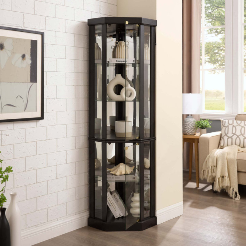 Lighted Corner Curio Cabinet - Elegant Glass Display Case For Living Room & Bar Storage - Perfect For Antique Collections & Wine - Includes Built-In Lighting