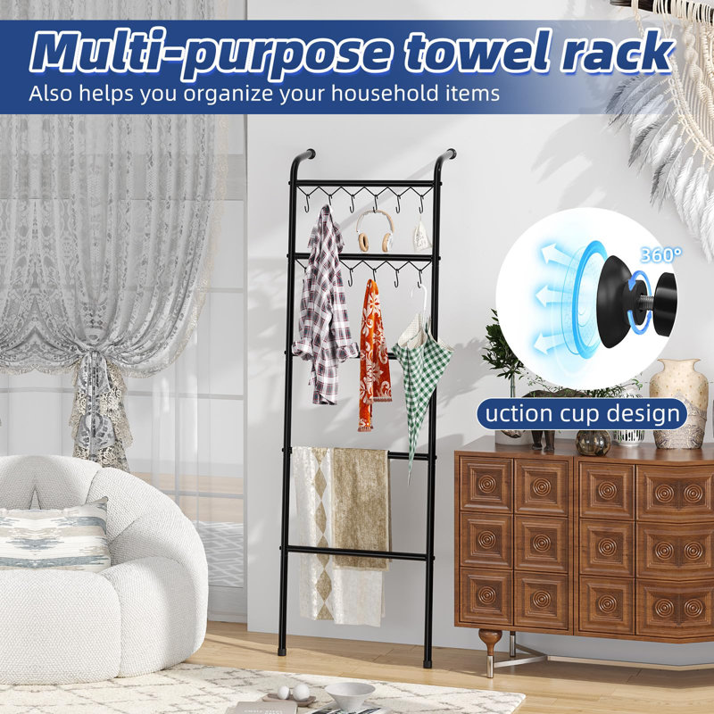 Black Metal 79'' Freestanding 5-Tier Blanket Ladder with Hooks