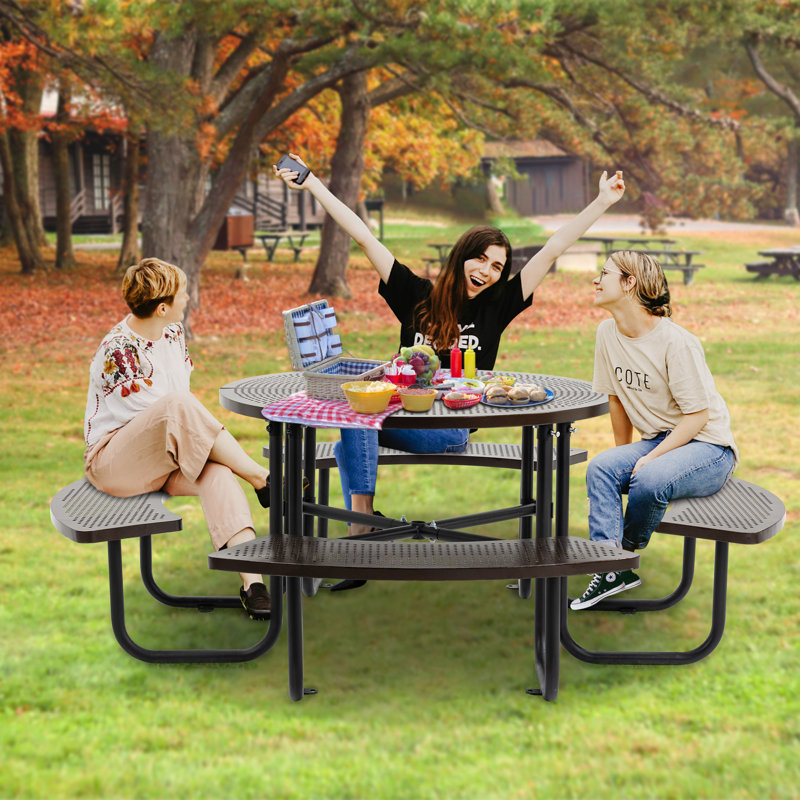 Ridenour Metal Picnic Table Dining Table with Umbrella Hole - Coated Steel Heavy Duty Commercial Grade Table, Brown