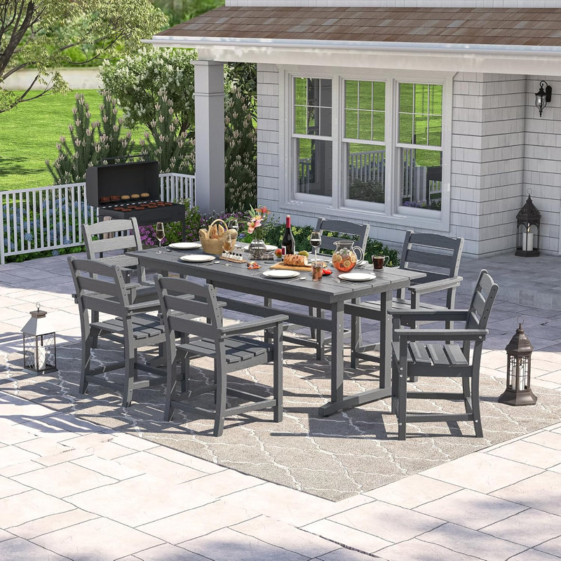 7-piece Patio Dining Table Set, Hdpe Outdoor Furniture Set With Umbrella Hole, Gray