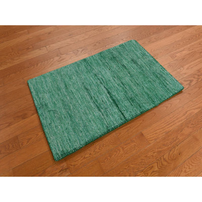 2'x3'1" Green Plain Solid Design Sample Sari Silk Hand Knotted Mat Rug ABB802215D544CD0AA5A20C641F9024F