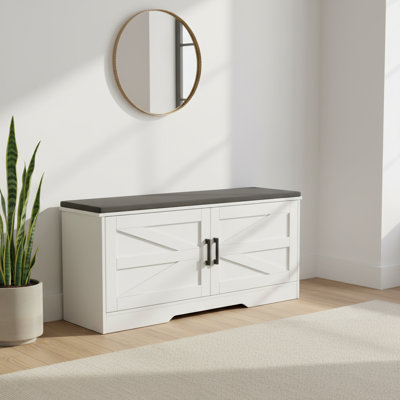 Farmhouse 2-tier Storage Bench With Cushion, Barn Door Entryway Bench With Adjustable Shelves, White
