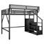 Grand lit mezzanine en métal avec escalier, tablettes de rangement et garde-robe, lit mezzanine haut pour adolescents, noir