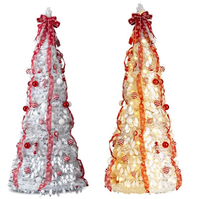 set of 2 7 FT White Pop‑Up Artificial Christmas Tree, Pre‑Lit 170 Warm White LED Lights with 8 Lighting Modes, Fully Pre‑Decorated Red & White Ornaments Ribbons, Collapsible Foldable Xmas Tree for Home Office Entryway Store Holiday Decoration