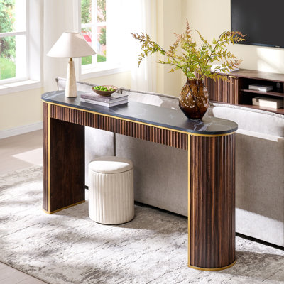 63" Modern Fluted Console Table, Narrow Entryway & Sofa Table With Marble-pattern Top For Living Room Hallway Foyer