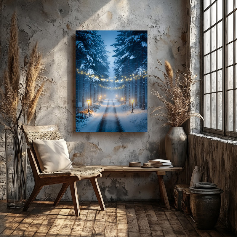 Toile, art serein de forêt d'hiver illuminé par une douce lumière chaude, art, H 12 po x l 9 po