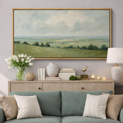 Large Framed Canvas Print Wall Art - Vintage Meadow Landscape Print for Modern Farmhouse Decor