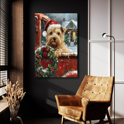 Art mural en verre «Puppy with Santa Hat On A Red Pickup 2» par Momart