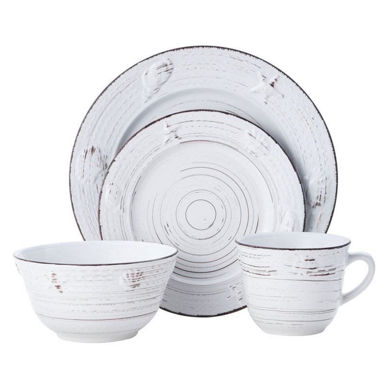 White Ceramic 16-Piece Weathered Dinnerware Set, Service for 4