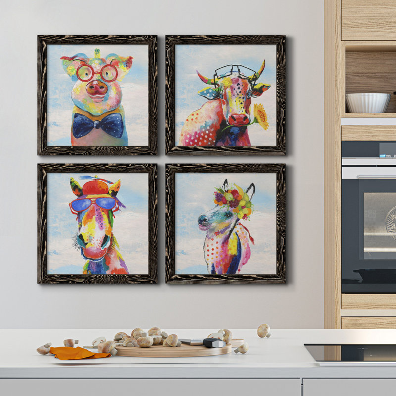 «Groovy Pig and Sky», ensemble de 4 peintures sur toile encadrées, H 27,5 po x l 110 po x P 1,5 po, Toile avec cadre noir