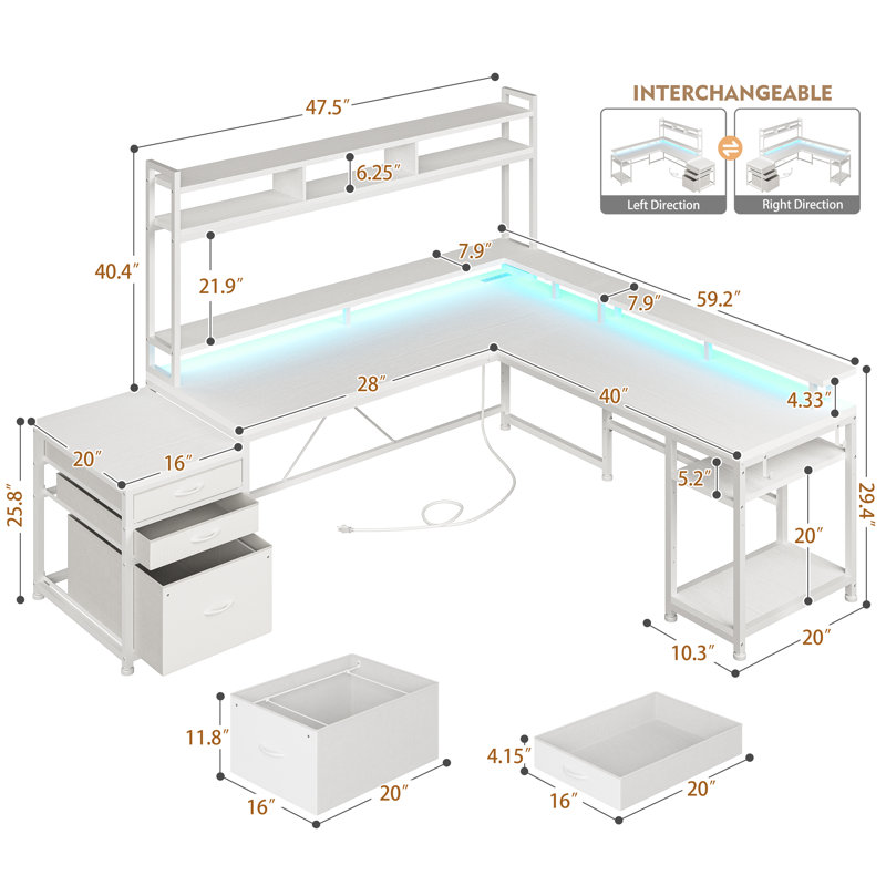 Mobean L-Shaped Computer Desk with Power Outlet, White