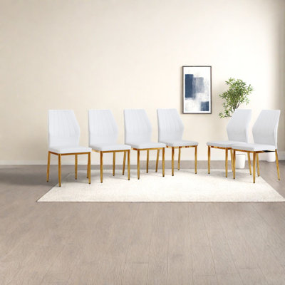 Modern Dining Chairs Set Of 6, White Pu Leather Gold Metal For Kitchen