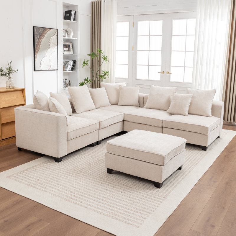 Bennett 6-Piece L-Shaped Sectional Sofa, Beige Chenille