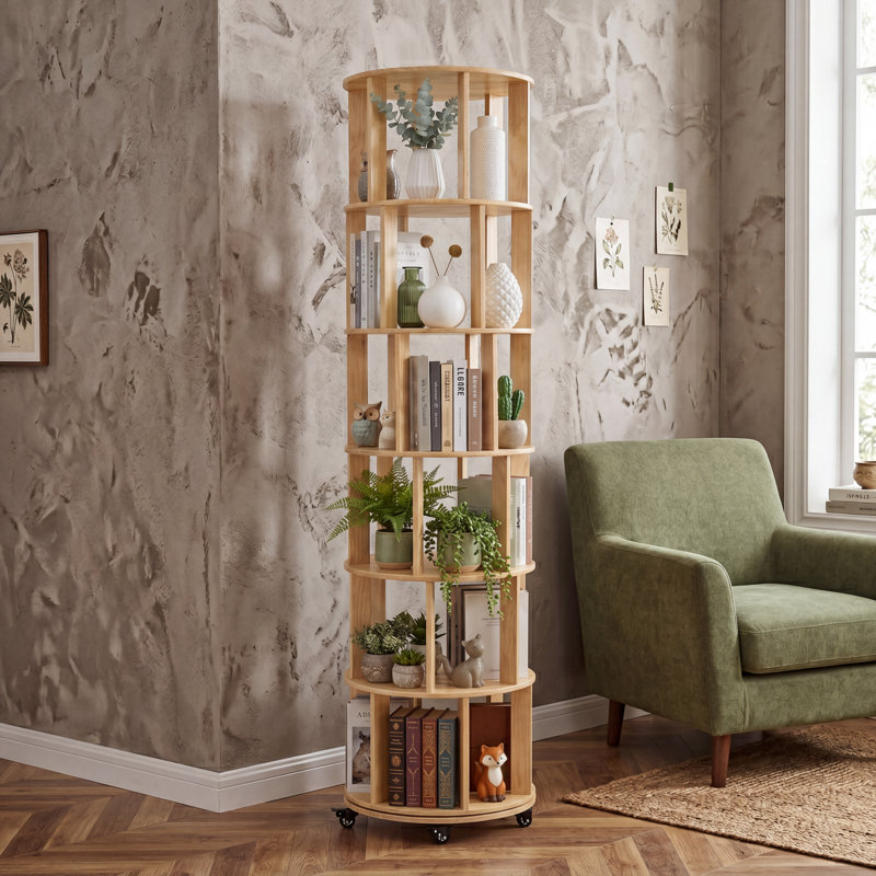 Bibliothèque tournante à 6 niveaux avec bibliothèque rotative à 360 ° en bois massif pour petits espaces, bibliothèque d'angle pour chambre à coucher, salon et salle d'étude