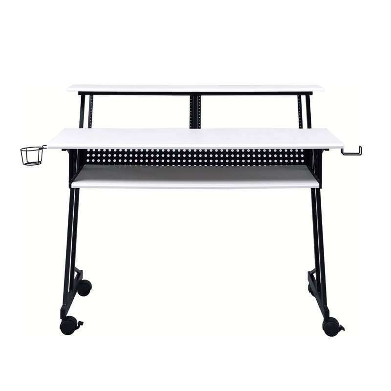 Bureau de studio d'enregistrement de musique avec compartiment ouvert, plateau à clavier coulissant et roulettes