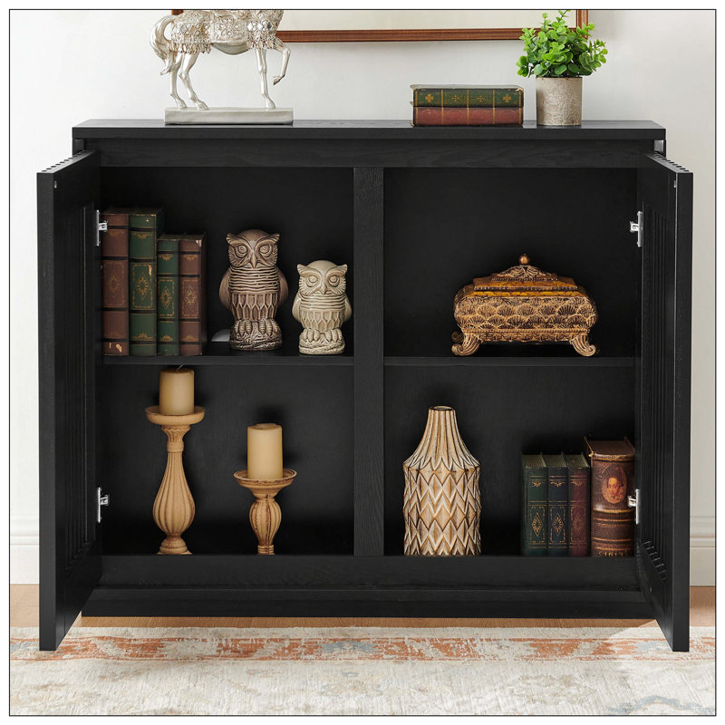 Mid Century Modern Fluted Hollowed Out Sideboard Cabinet with 2 Outlet Holes, Black