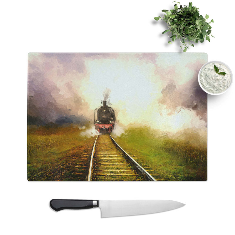 Tempered Glass Steam Train upon the Tracks Chopping Board, 39 cm W x 28.5 cm L